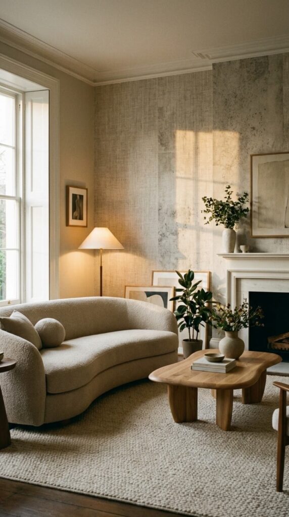 Salon z modną tapetą strukturalną winylową, która maskuje niedoskonałości ścian i ociepla wnętrze.