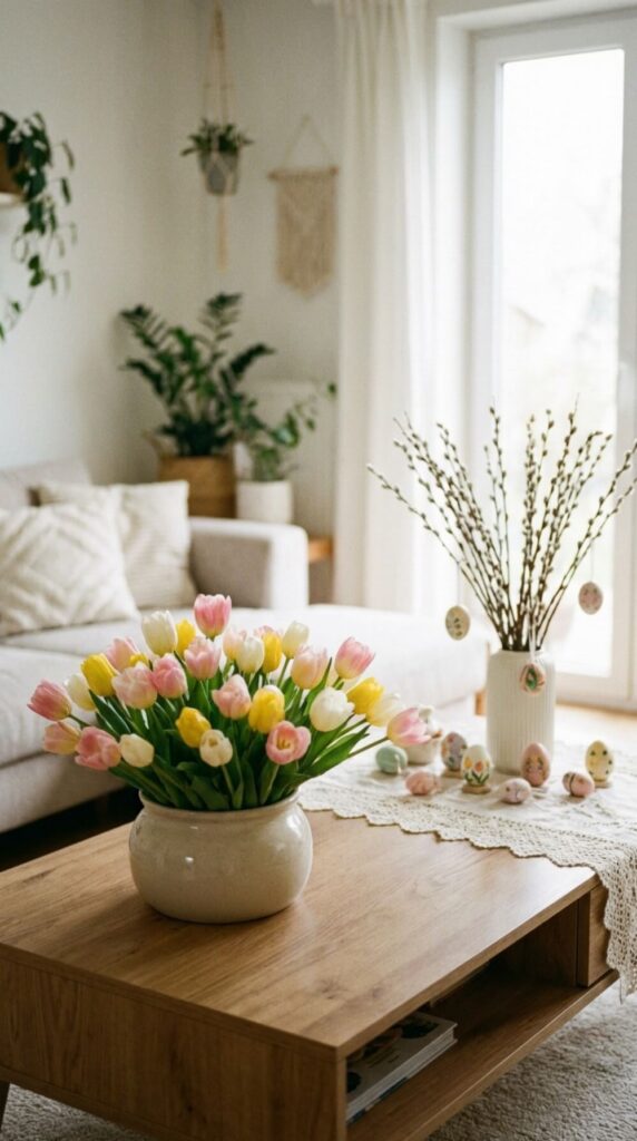 Kwitnące tulipany w doniczce jako dekoracja wielkanocnego stołu w jasnym salonie.