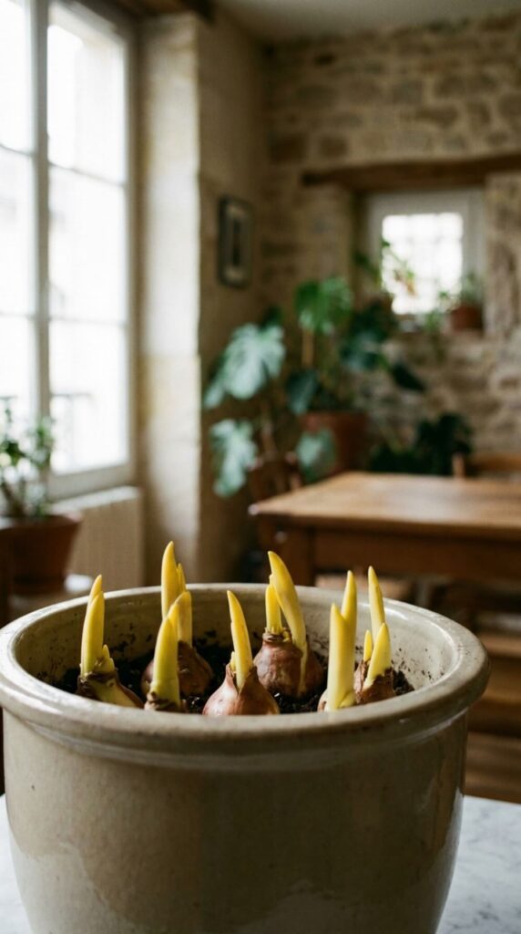 Doniczka z cebulami tulipanów po okresie chłodzenia, z widocznymi żółtawymi kiełkami przed przeniesieniem do ciepła.