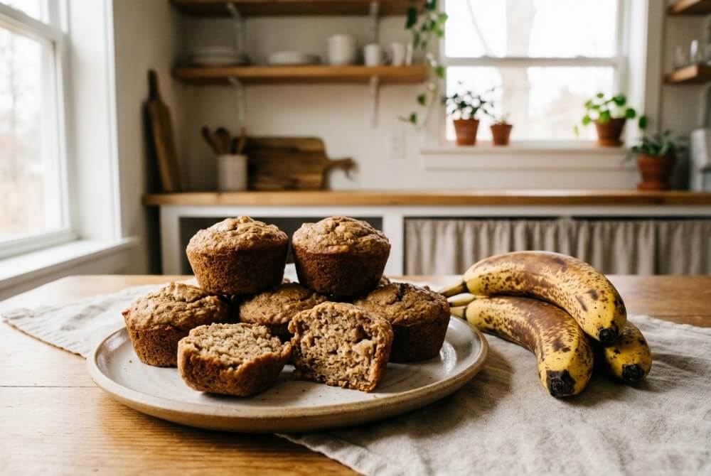Babeczki bananowe bez dodatku cukru obok bardzo dojrzałych bananów.