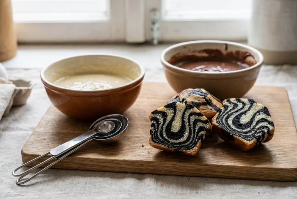 Babeczki Zebra z widocznym wzorem pasków po przekrojeniu.