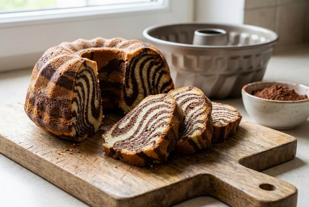 Przekrojona babka Zebra z wyraźnymi jasnymi i kakaowymi paskami, plastry na desce.