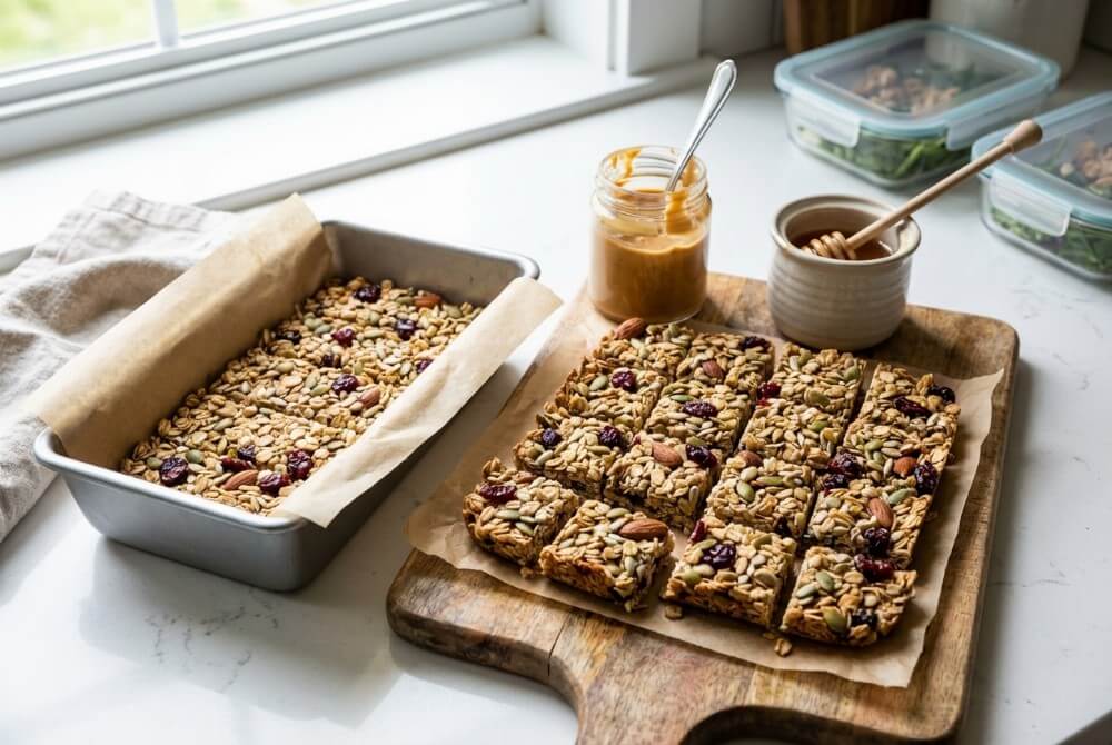 Domowe batoniki musli bez cukru, pokrojone w kawałki z widocznymi płatkami i ziarnami.