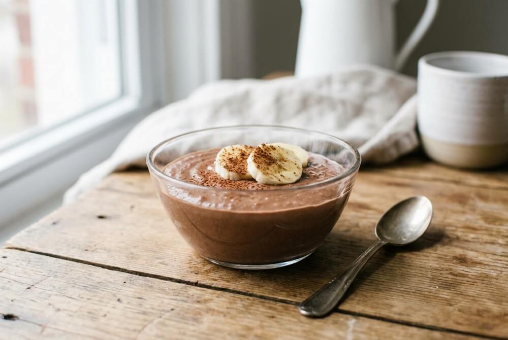 Domowy budyń jaglany z bananem i kakao podany w miseczce z owocami na wierzchu.