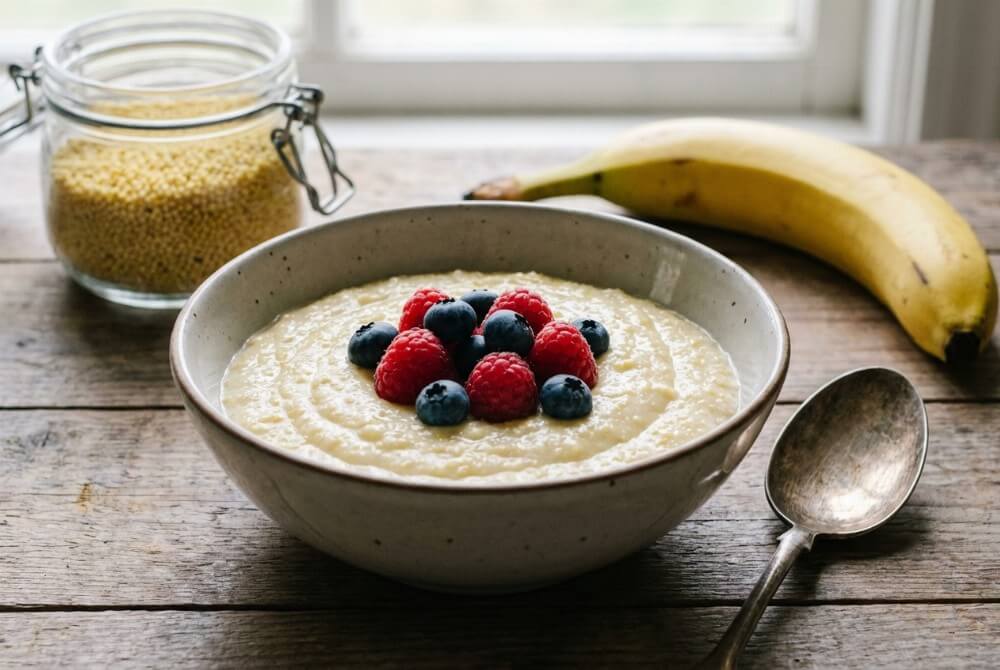 Kremowy budyń jaglany udekorowany malinami i borówkami w miseczce.