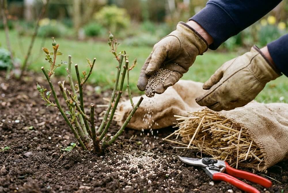 Wiosenne prace przy różach: nawożenie po zdjęciu osłon i cięciu krzewu.
