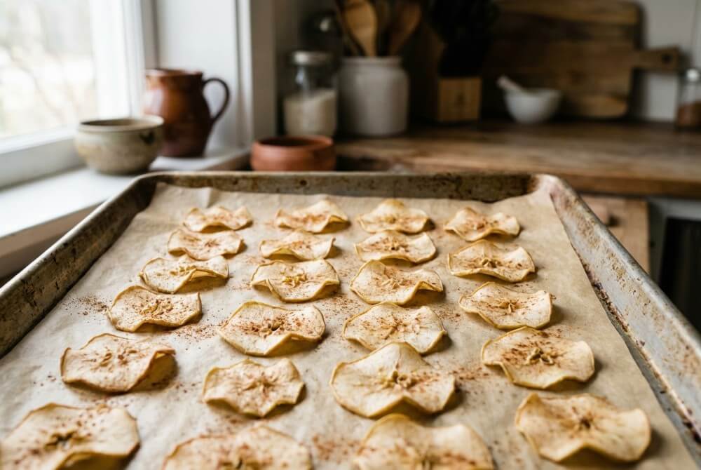 Domowe chipsy z jabłek posypane cynamonem, ułożone na blasze do pieczenia.