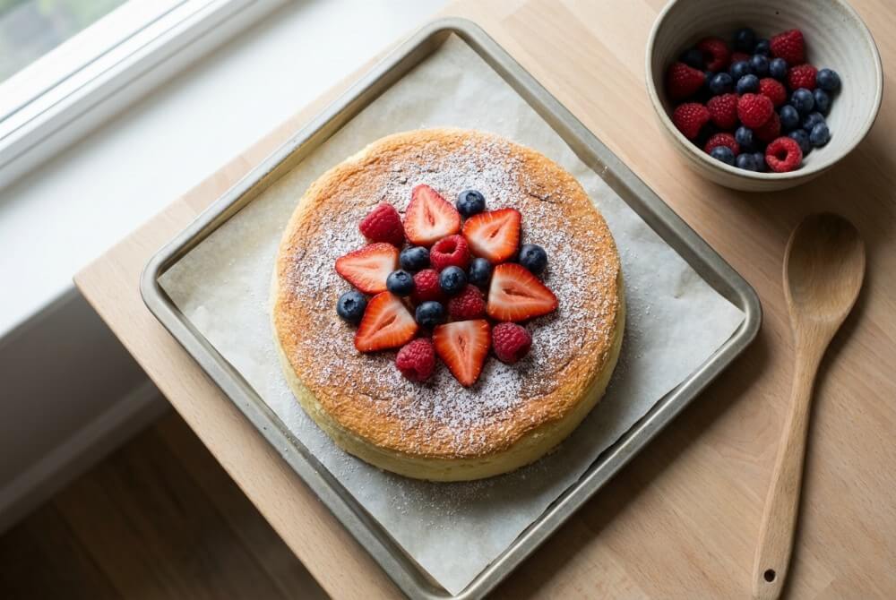 Ciasto jogurtowe z owocami sezonowymi upieczone na blasze, widoczne truskawki i borówki