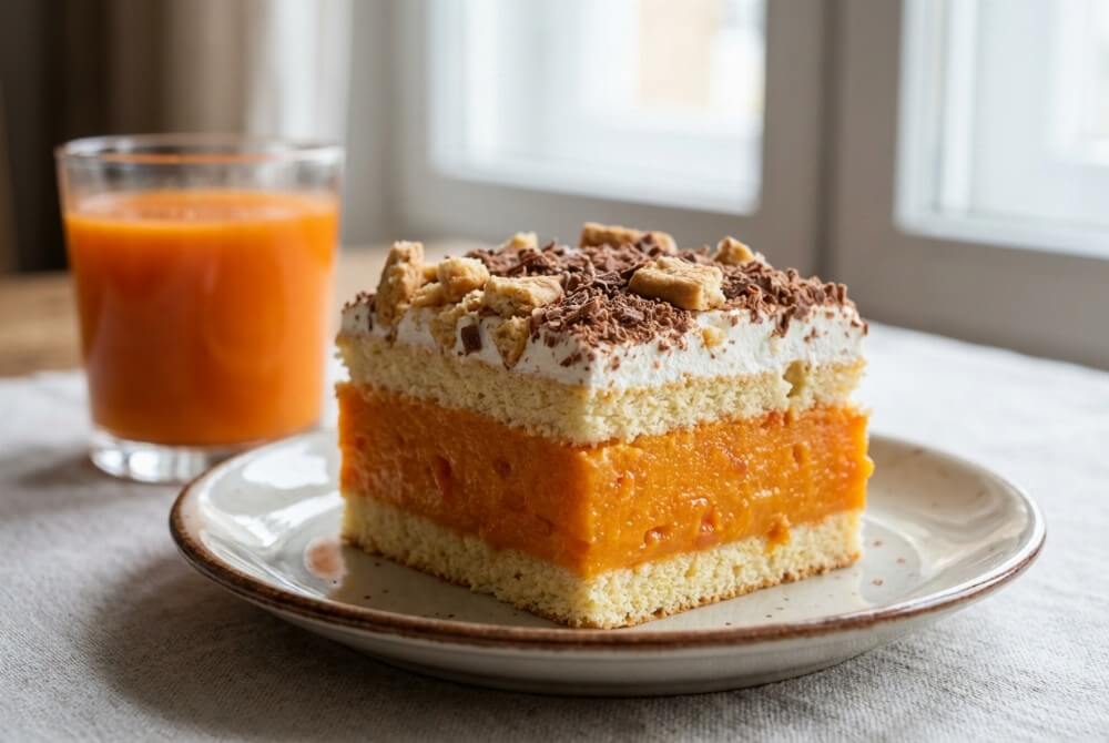 Porcja ciasta Kubuś z widocznymi warstwami budyniu na soku, śmietanki i herbatników z czekoladą.