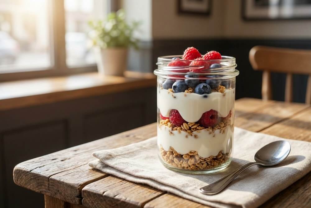 Warstwowy deser jogurtowy z granolą i owocami w przezroczystej szklance.