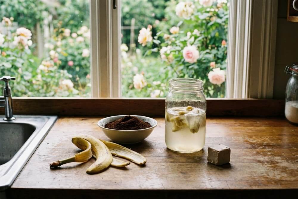 Domowe sposoby nawożenia róż: skórki banana, fusy z kawy i drożdże przygotowane do użycia.