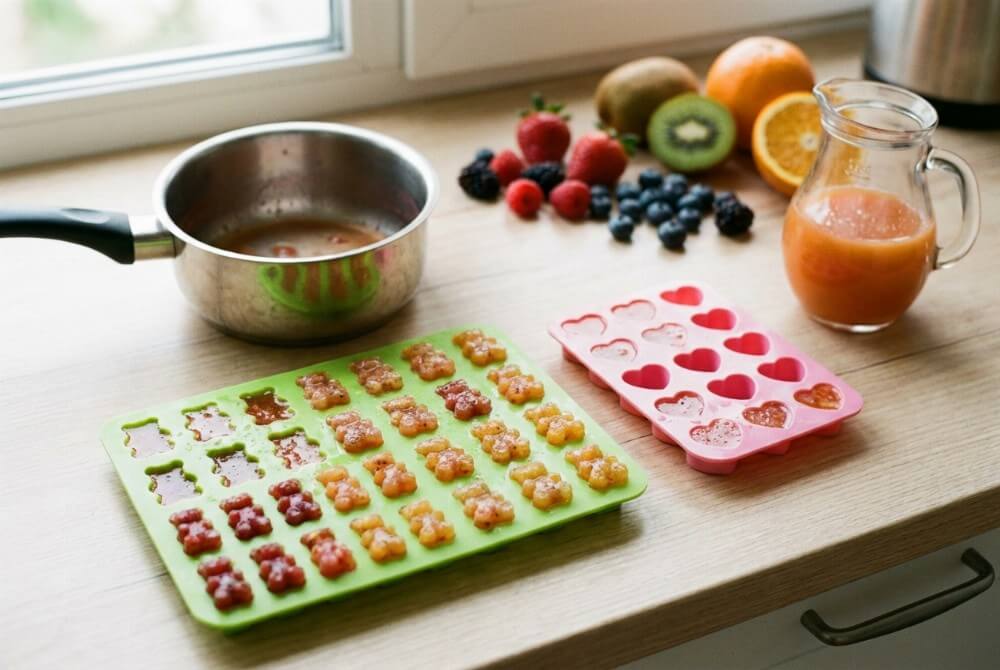 Kolorowe domowe żelki owocowe w foremkach na blacie, obok sok i świeże owoce.