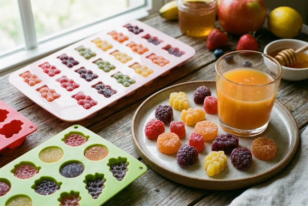 Domowe żelki owocowe ułożone na talerzyku obok silikonowych foremek.