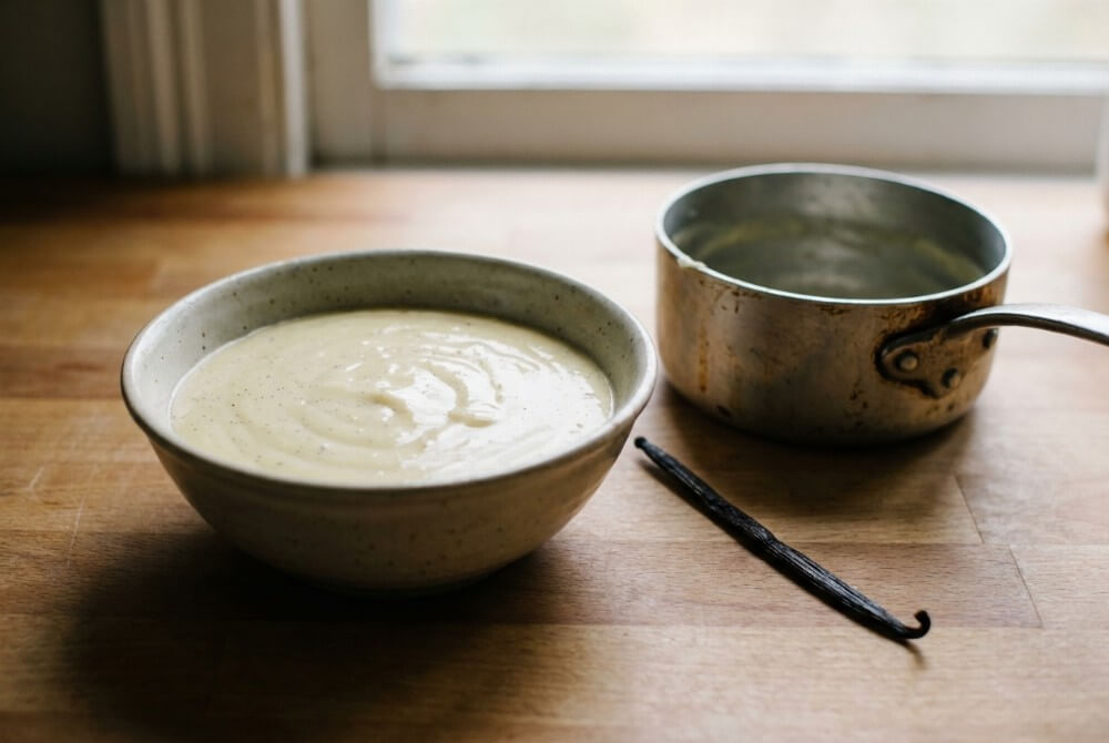 Domowy budyń waniliowy w miseczce z ziarenkami wanilii na wierzchu.