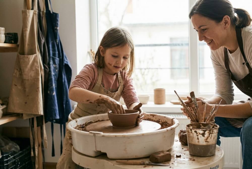 Dziecko podczas warsztatów ceramicznych lepiące z gliny w jasnej pracowni artystycznej.