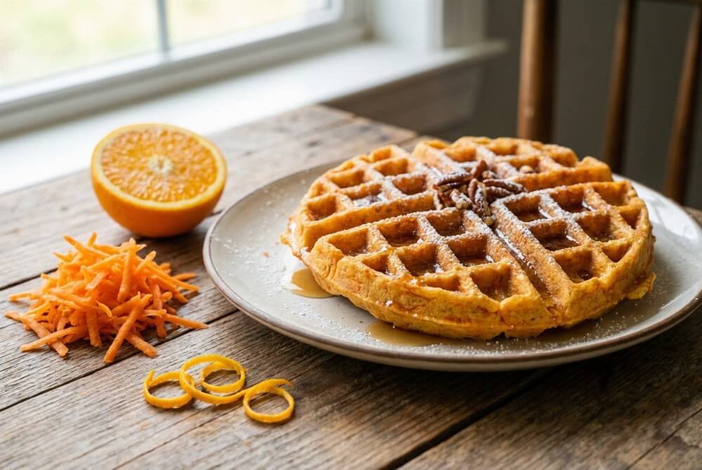 Marchewkowe gofry na talerzu z pomarańczą i startą marchewką obok.