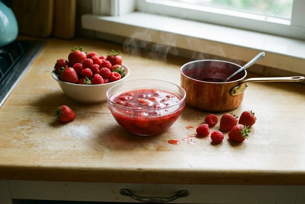 Kisiel owocowy w pucharku z truskawkami obok na blacie.