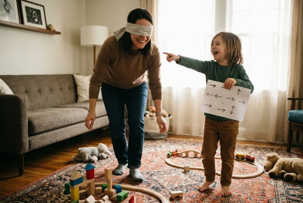 Dziecko prowadzi rodzica z opaską na oczach, ucząc się precyzyjnych instrukcji w zabawie offline