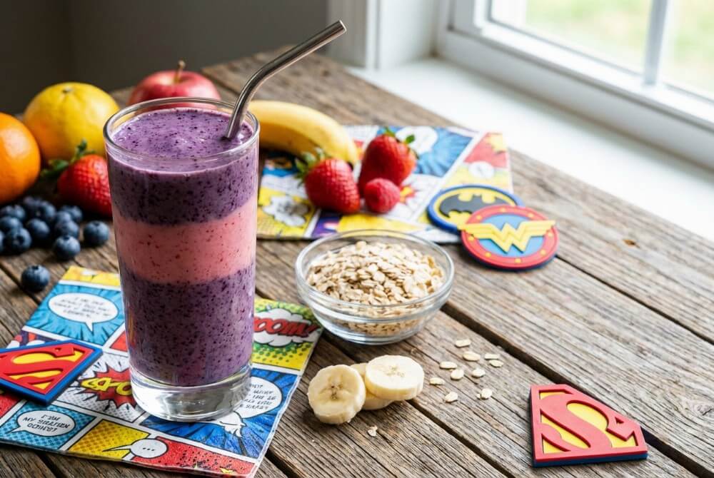 Koktajl „Moc Superbohatera” z owocami i płatkami owsianymi w szklance z rurką.