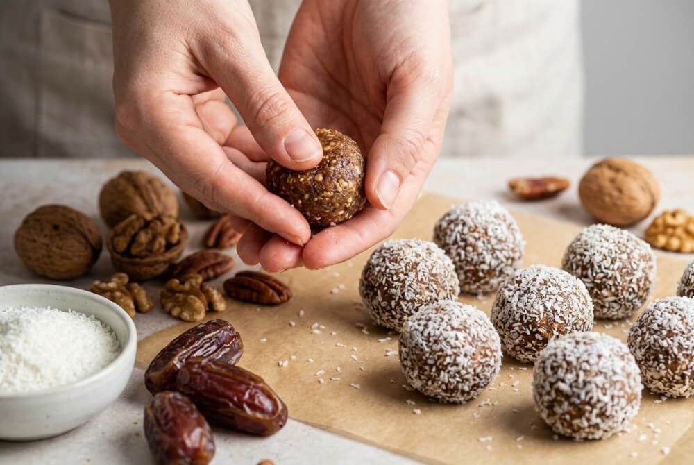 Kulki mocy z daktyli i orzechów obtoczone w kokosie na desce.
