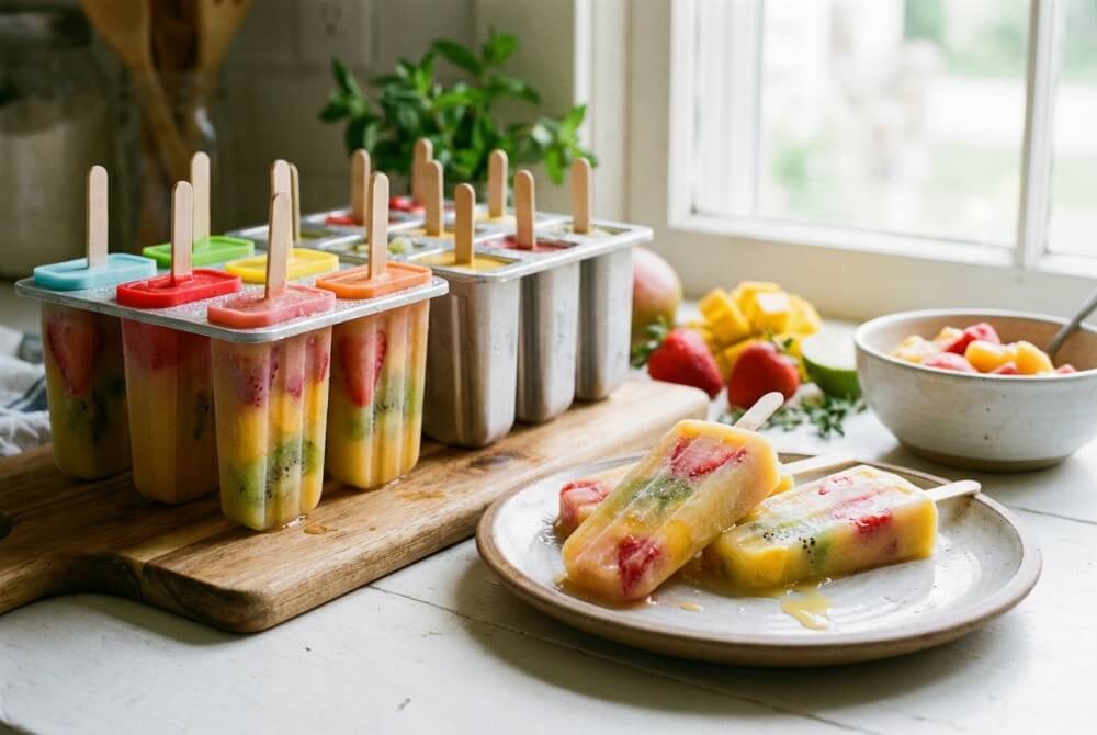 Domowe sorbety owocowe na patyku wyjęte z foremek.