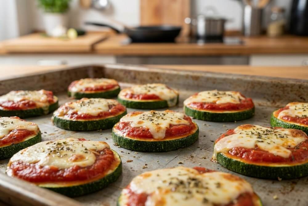 Mini pizze na plastrach cukinii z sosem pomidorowym i roztopioną mozzarellą.