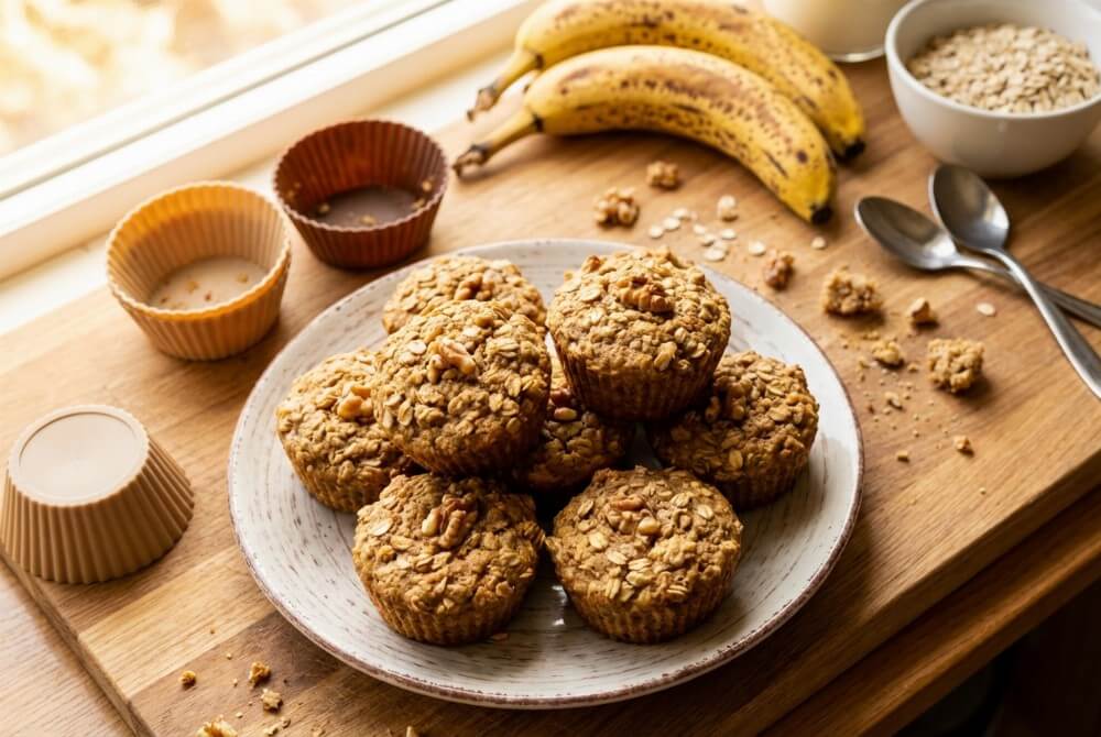 Muffinki bananowo-owsiane bez cukru ułożone na talerzu.