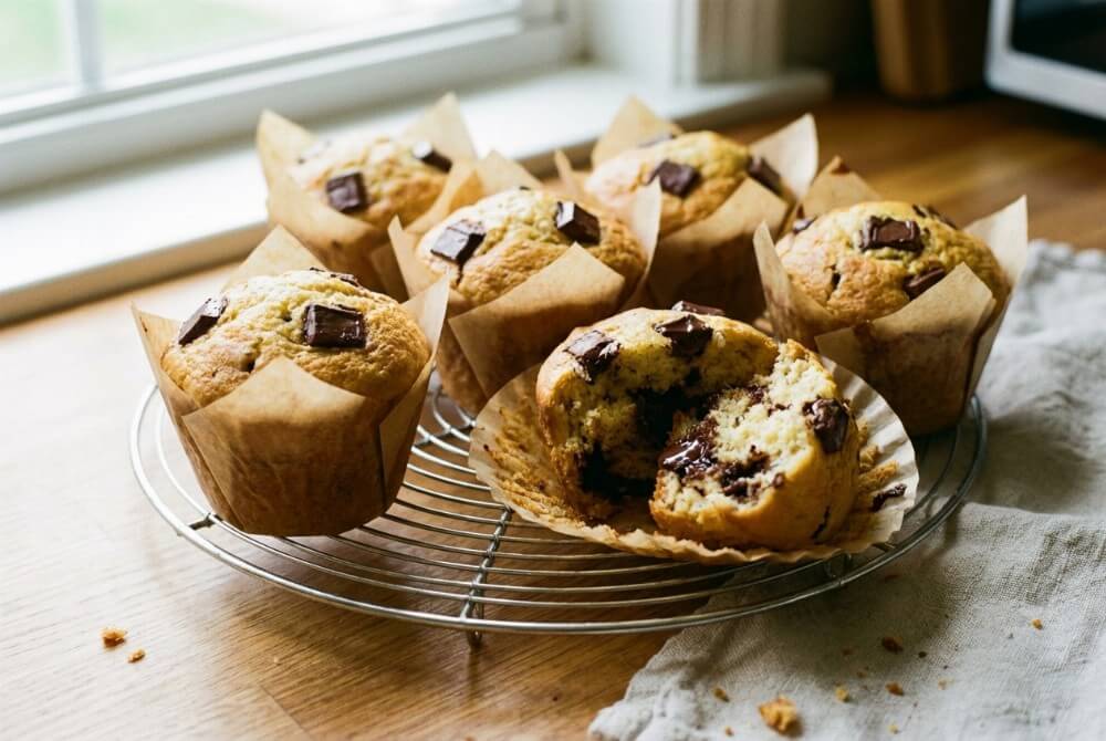 Babeczki z kawałkami czekolady na kratce do studzenia, jedna przełamana z widoczną czekoladą w środku.