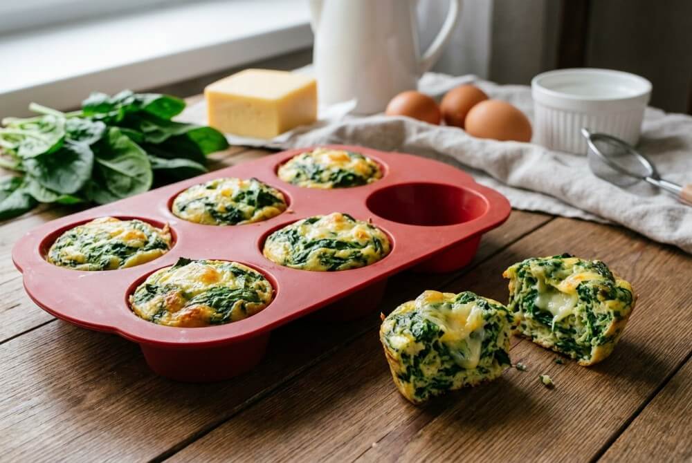 Jajeczne muffiny ze szpinakiem i serem w formie do muffinek i na talerzyku.