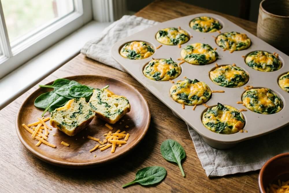 Muffiny jajeczne ze szpinakiem i serem, jeden przekrojony pokazuje zielone wnętrze.