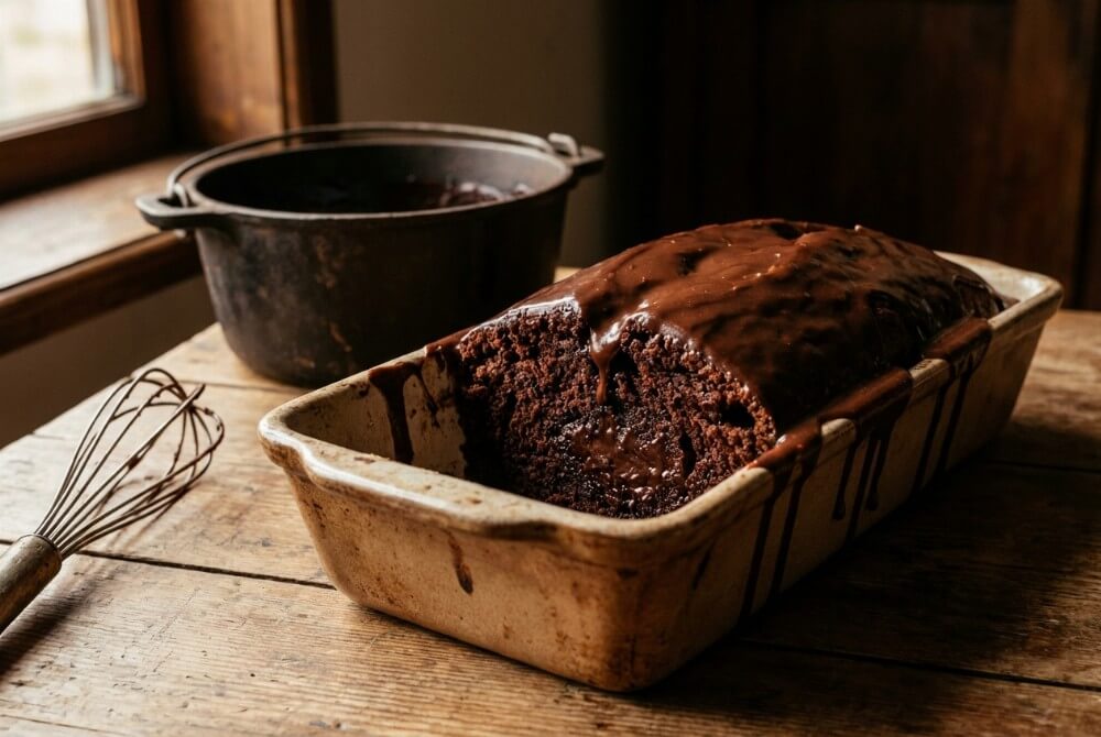 Murzynek z błyszczącą polewą kakaową, kawałek odsłania wilgotne wnętrze ciasta.