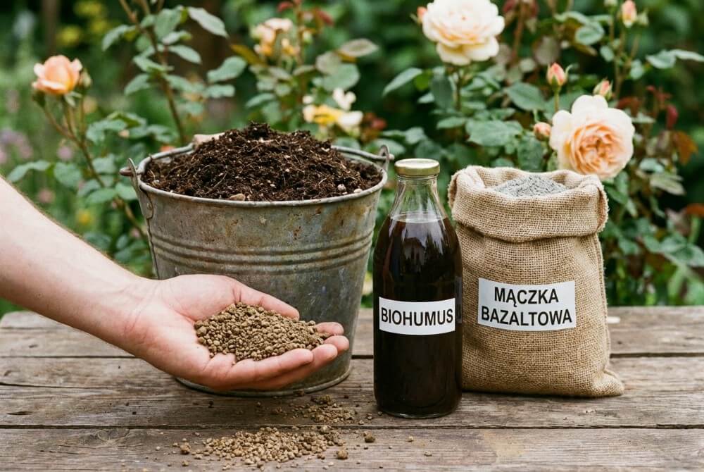 Naturalne nawozy organiczne do róż: obornik granulowany, kompost, biohumus i mączka bazaltowa.