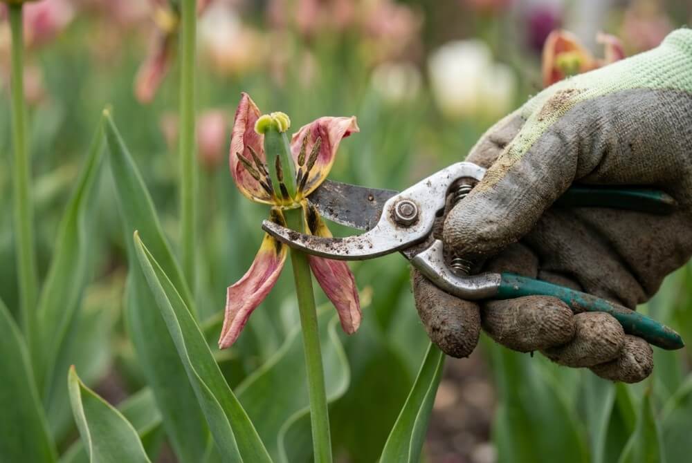 Ogrodnik ogławia przekwitniętego tulipana sekatorem, zostawiając łodygę i liście.