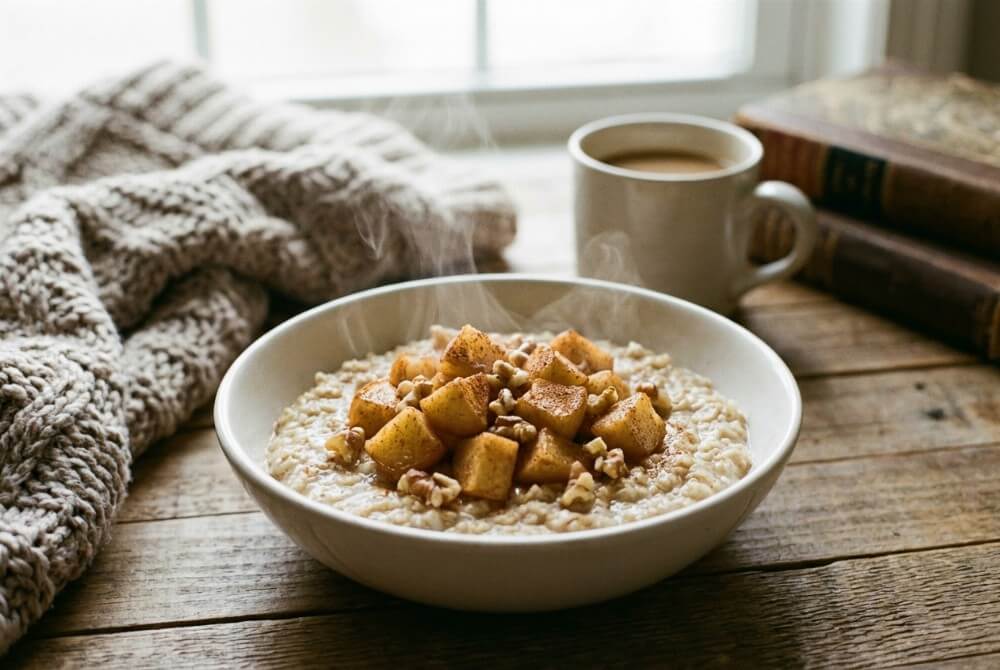 Owsianka szarlotka z prażonym jabłkiem i cynamonem w misce na drewnianym blacie.