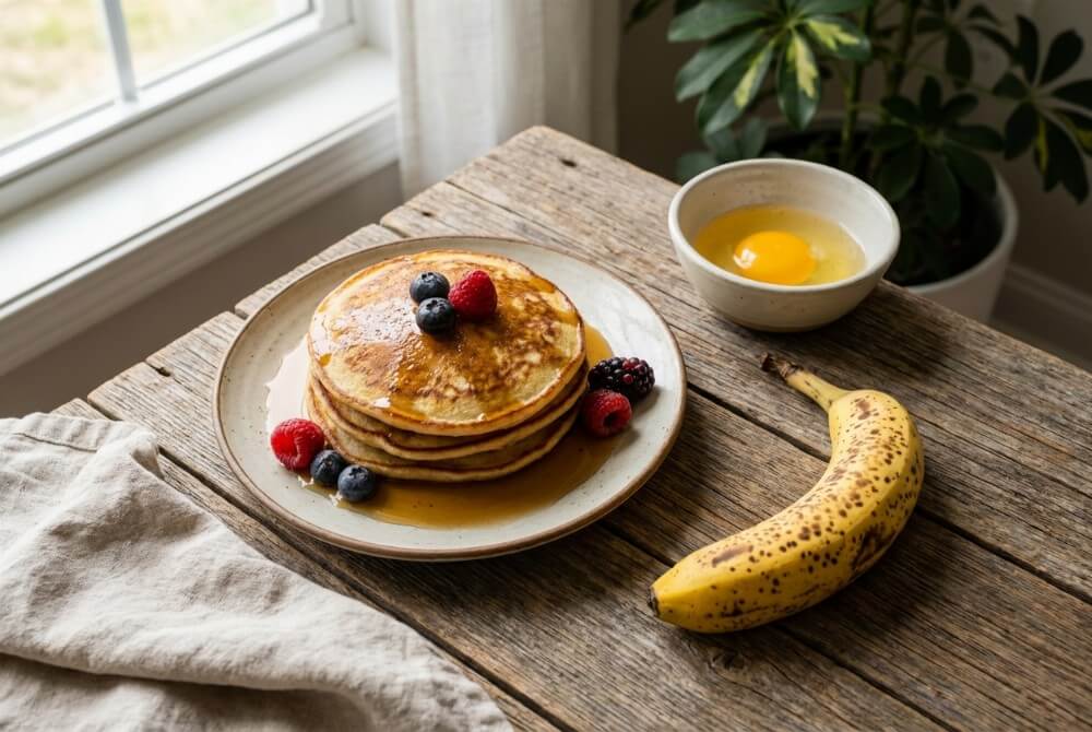 Placuszki bananowe z dwóch składników na talerzu obok dojrzałego banana i jajek.