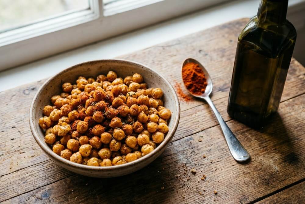 Pieczona ciecierzyca w misce posypana słodką papryką, chrupiąca przekąska.
