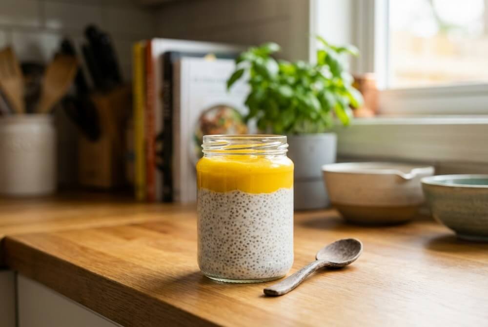 Pudding chia na mleku kokosowym z musem mango w słoiku.