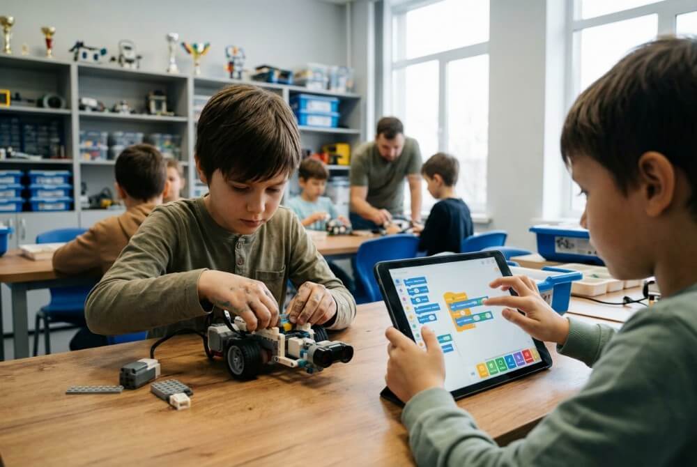 Dwoje dzieci podczas zajęć z robotyki: jedno buduje robota z klocków z czujnikiem, drugie programuje go na tablecie metodą blokową.