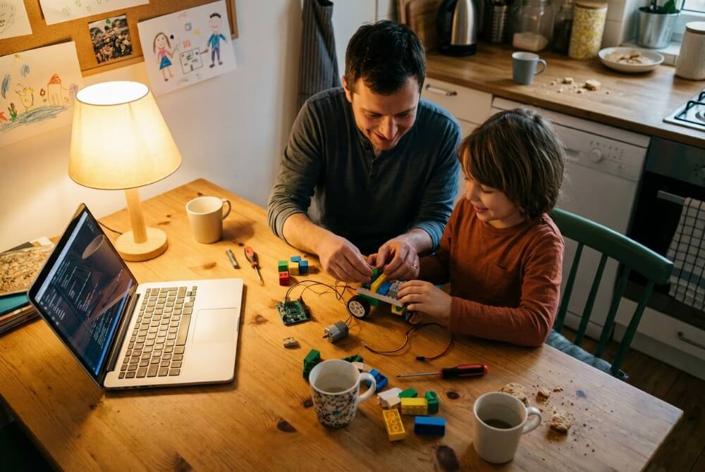 Rodzic i dziecko wspólnie składają robota edukacyjnego w domu przy stole, obok leży laptop i elementy zestawu.