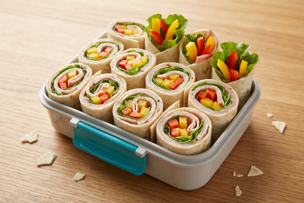 Roladki z tortilli z szynką, sałatą i papryką ułożone w lunchboxie.