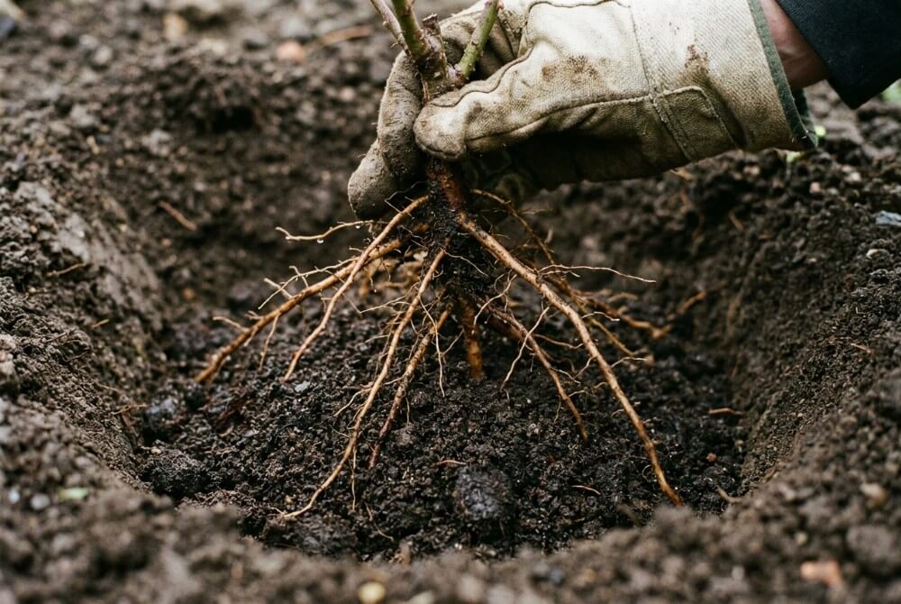 Sadzonka róży z gołym korzeniem ułożona na kopczyku ziemi w dołku, z korzeniami skierowanymi w dół.