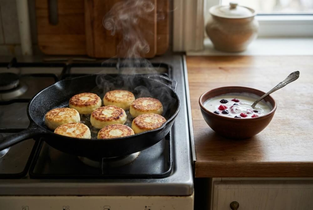 Złociste placuszki twarogowe smażone na patelni w domowej kuchni.