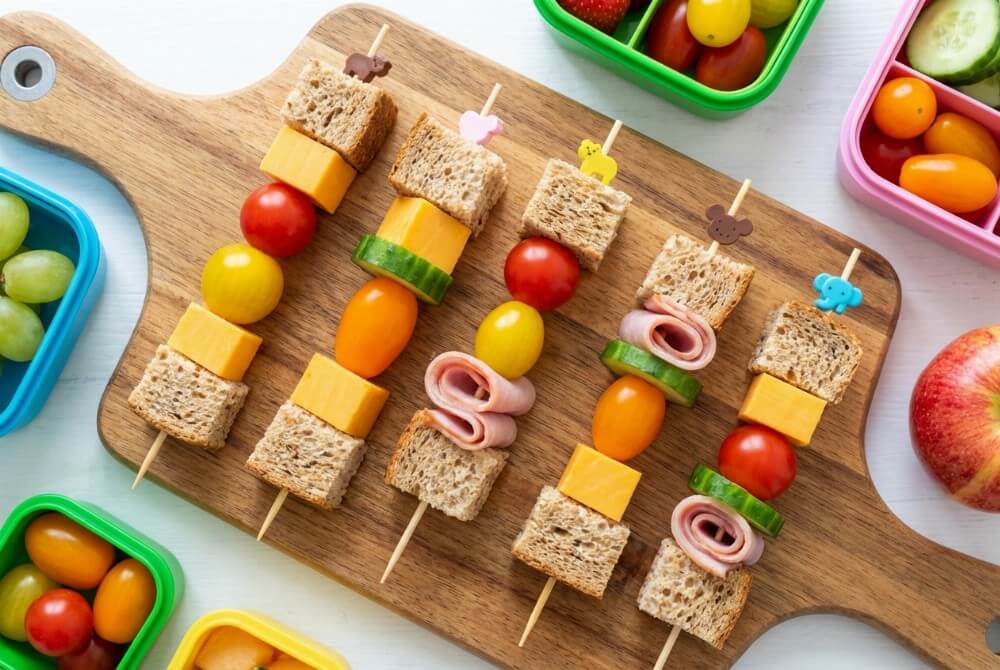 Kolorowe szaszłyki kanapkowe z pieczywem, serem, warzywami i wędliną na desce.