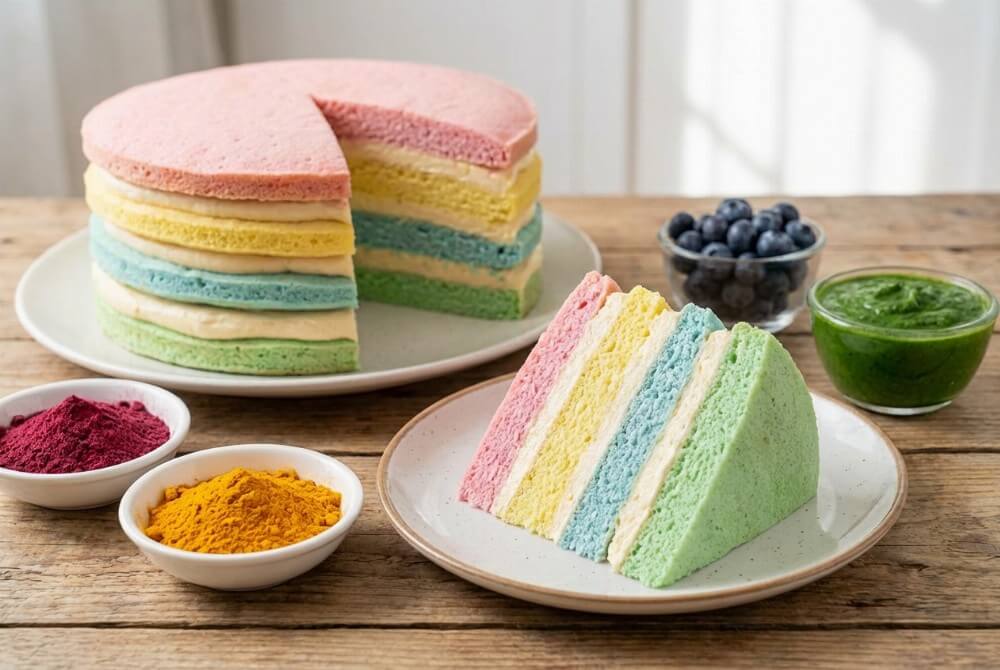 Kawałek tęczowego biszkoptu przełożonego kremem, obok naturalne barwniki: burak, kurkuma, jagody i szpinak.