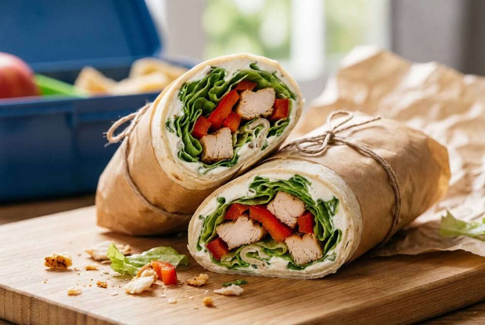 Tortilla z serkiem, kurczakiem, sałatą i papryką, przekrojona na pół.