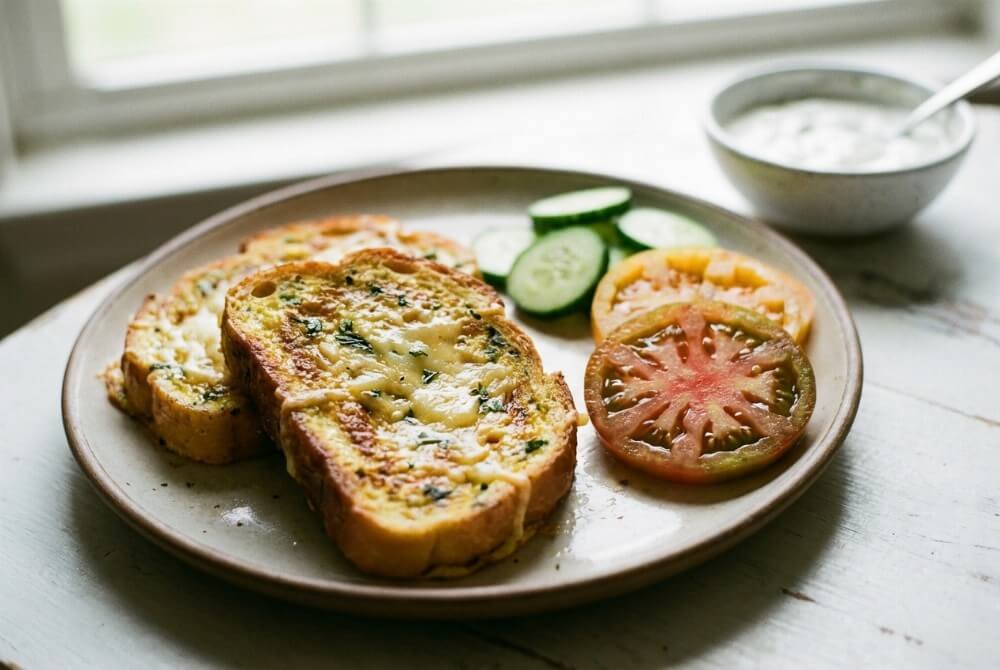 Wytrawne tosty francuskie bez cukru podane z pomidorem i ogórkiem.