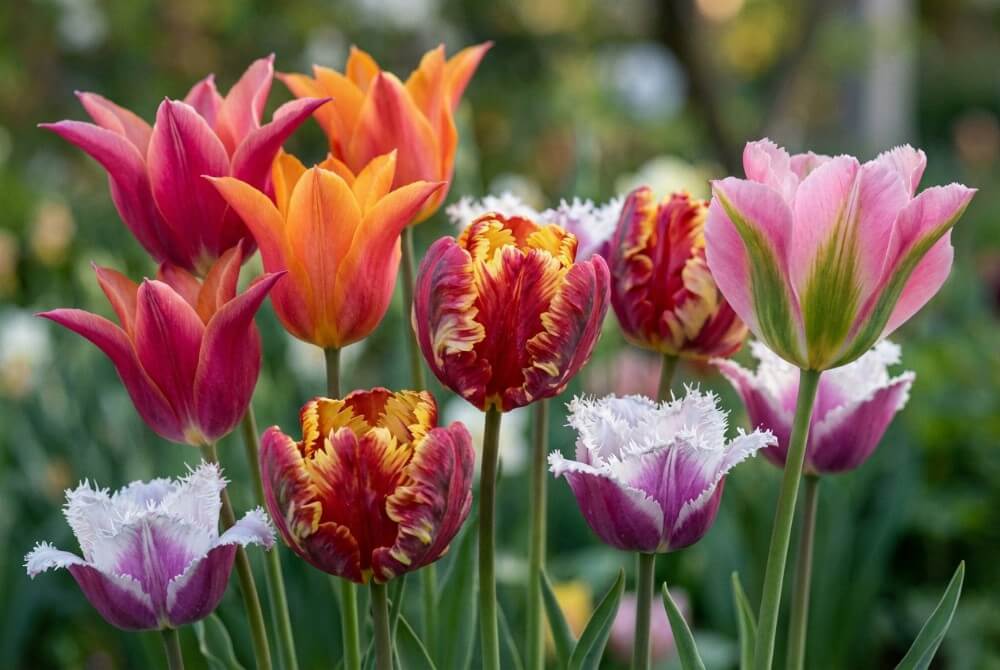 Zbliżenie na późno kwitnące tulipany: liliokształtne, papuzie, strzępiaste i Viridiflora z zieloną smugą.