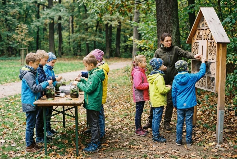 Dzieci podczas warsztatów ekologicznych w plenerze poznają naturę i tworzą proste projekty przyrodnicze.