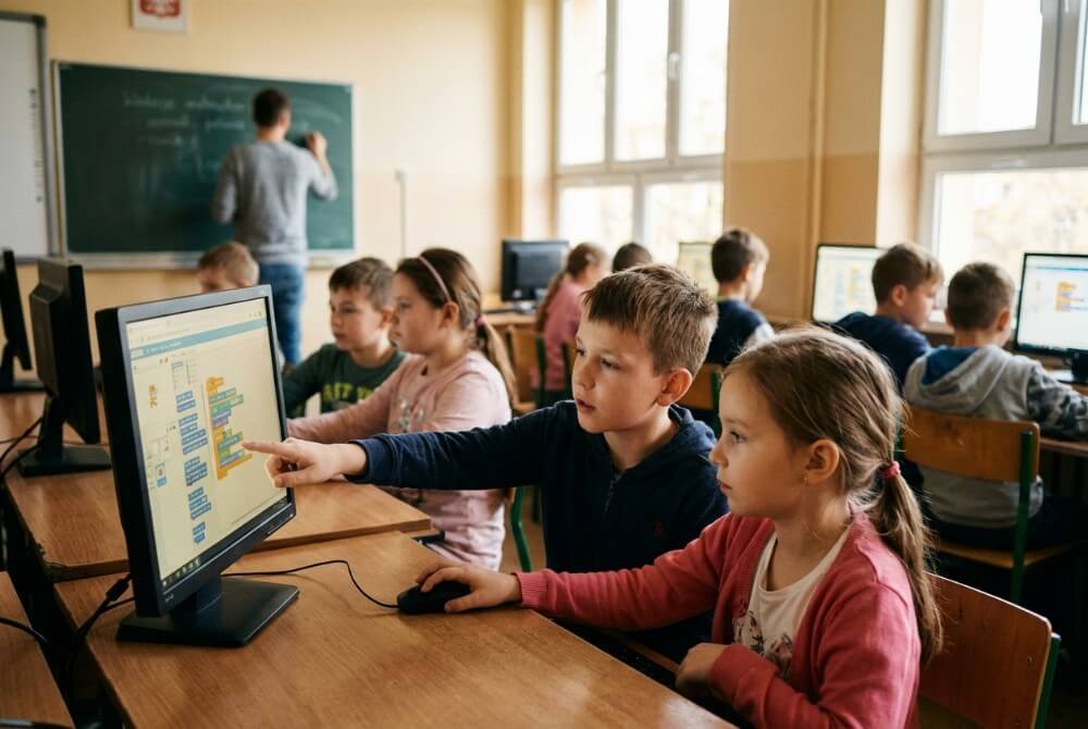 Dzieci pracują w parach nad programowaniem w edytorze z blokami kodu podczas warsztatów technologicznych.