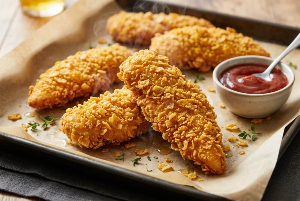 Pieczone nuggetsy z kurczaka w panierce z płatków kukurydzianych na blaszce.
